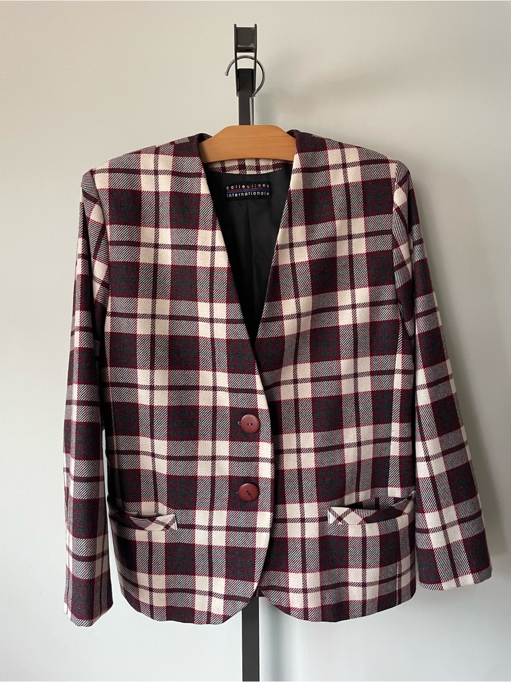 90s Vintage Collections Internationale Plaid Wool Blend Collarless Blazer Jacket